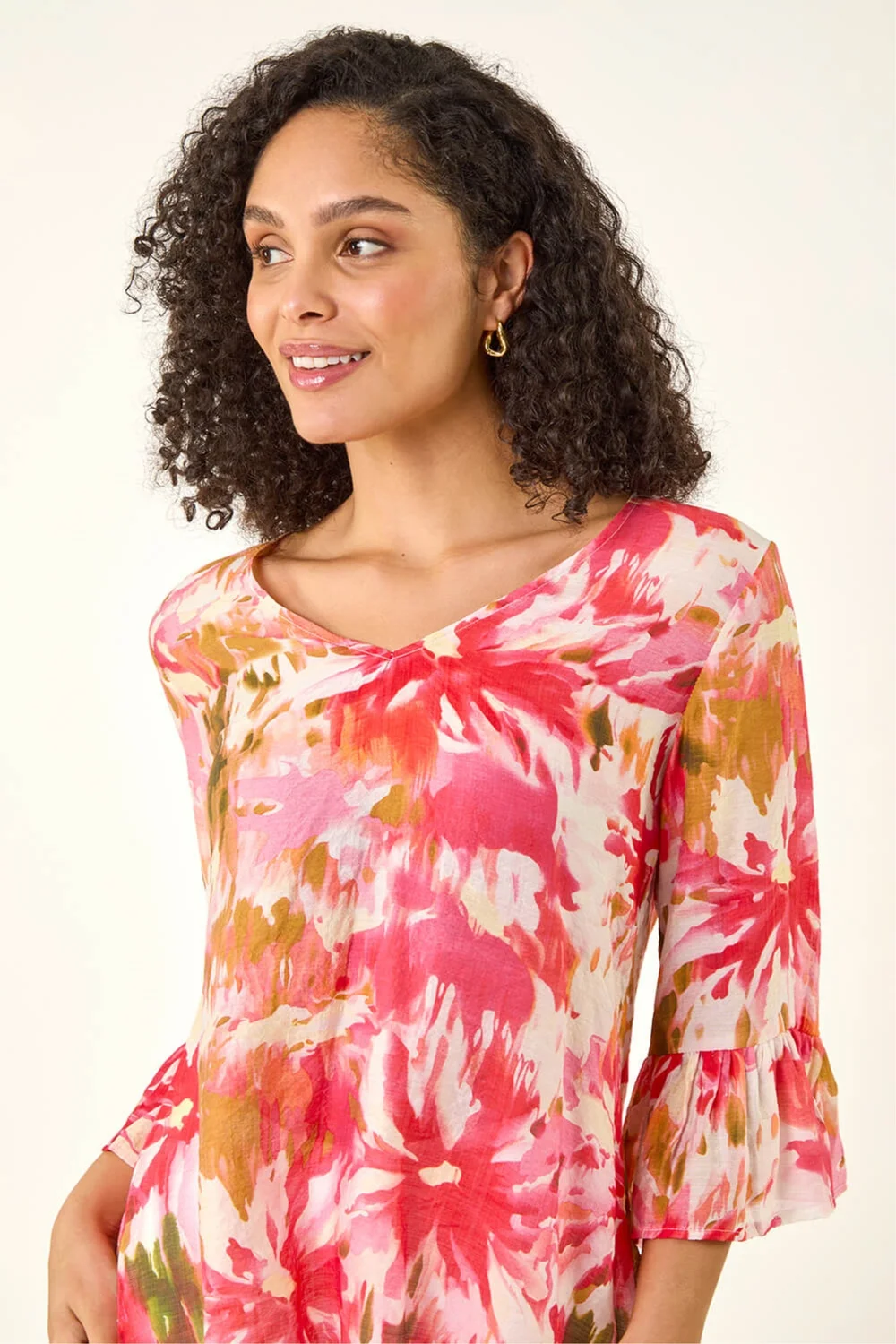 Roman Pink Abstract Floral Flare Sleeve Top - 16 Image 4