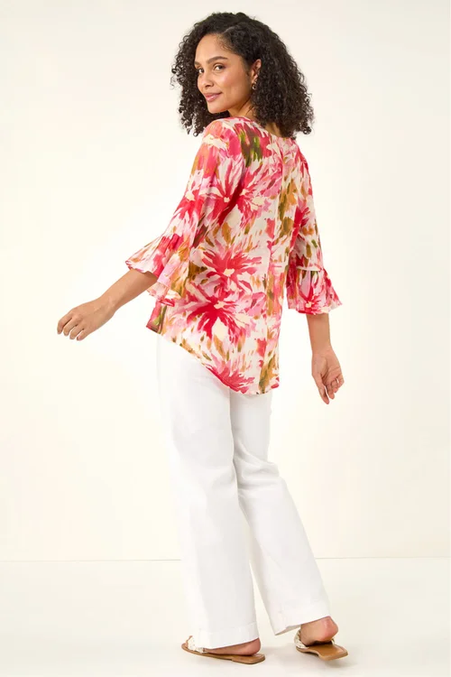 Roman Pink Abstract Floral Flare Sleeve Top - 16 Image 3