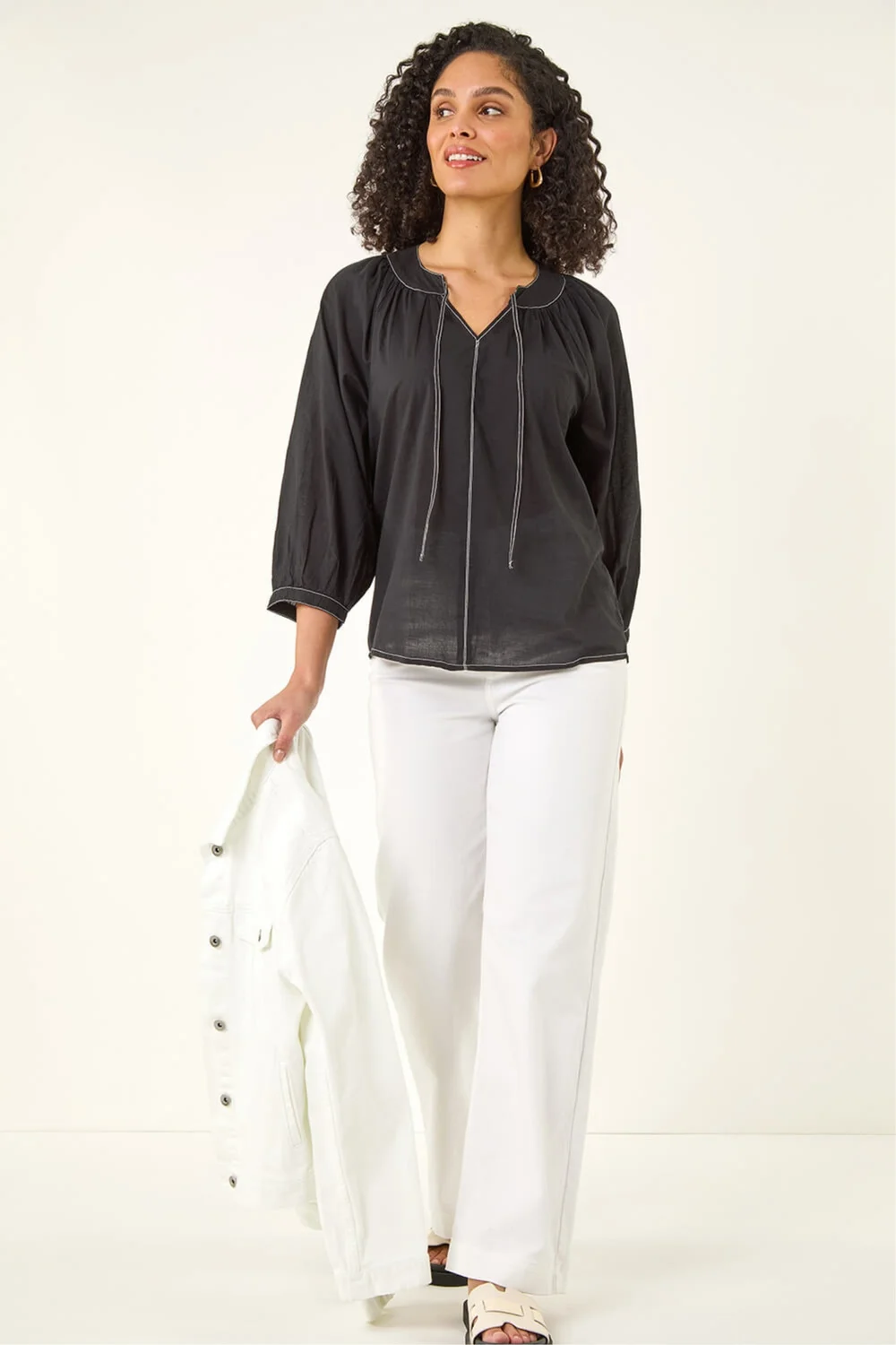 Roman Black Stitch Detail Tie Front Top - 10 Image 1