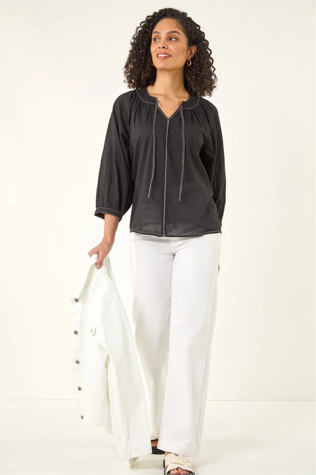 Roman Black Stitch Detail Tie Front Top