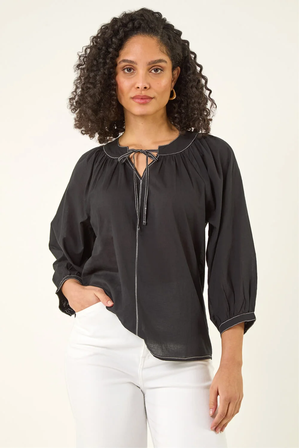 Roman Black Stitch Detail Tie Front Top - 10 Image 2