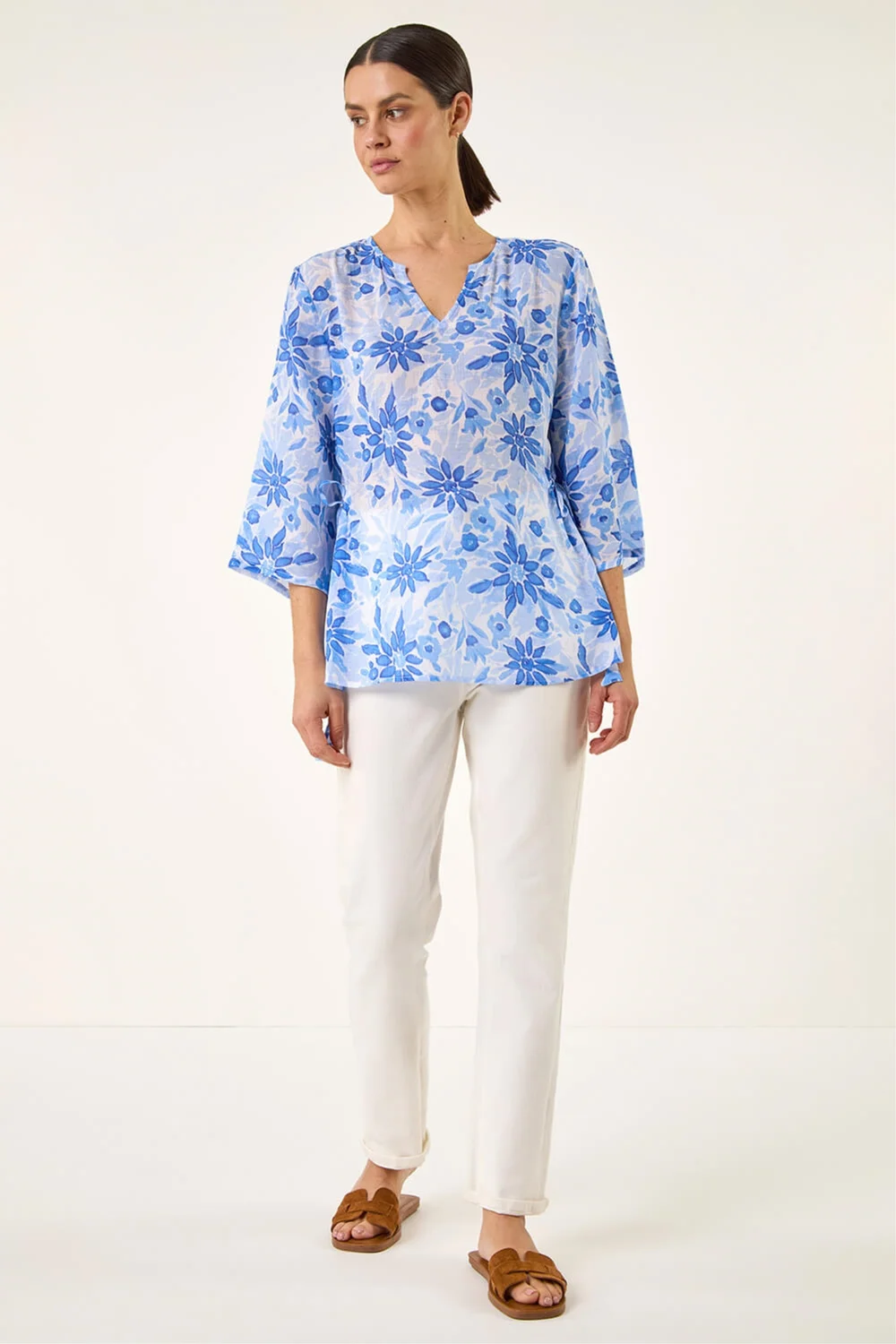 Roman Blue Floral Print Side Tie Top - 14 Image 2