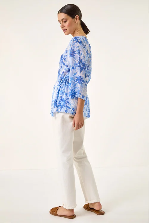 Roman Blue Floral Print Side Tie Top - 14 Image 3