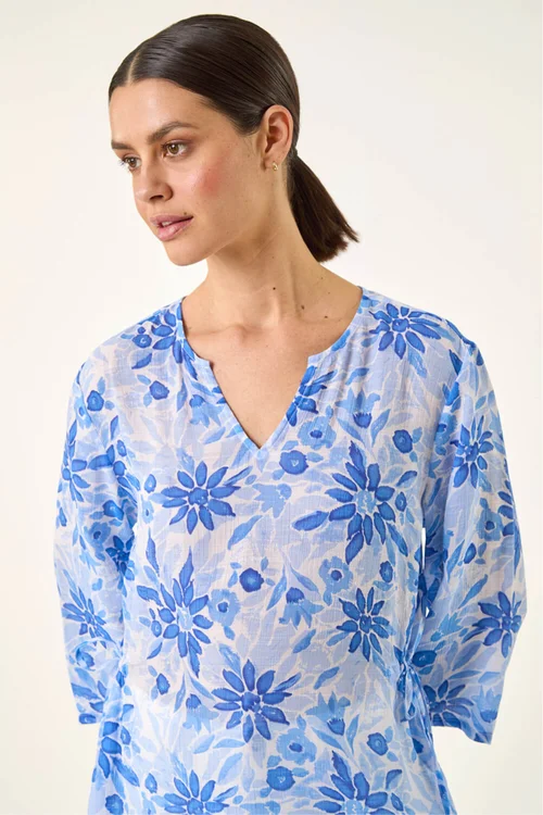 Roman Blue Floral Print Side Tie Top - 14 Image 4