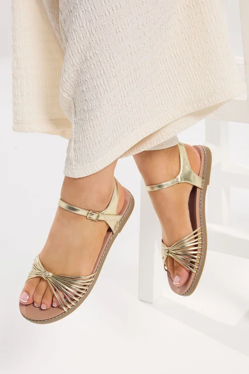 Yours Curve Gold Faux Leather Knot Detail Sandals In Wide E Fit - 7 Wide Image 1