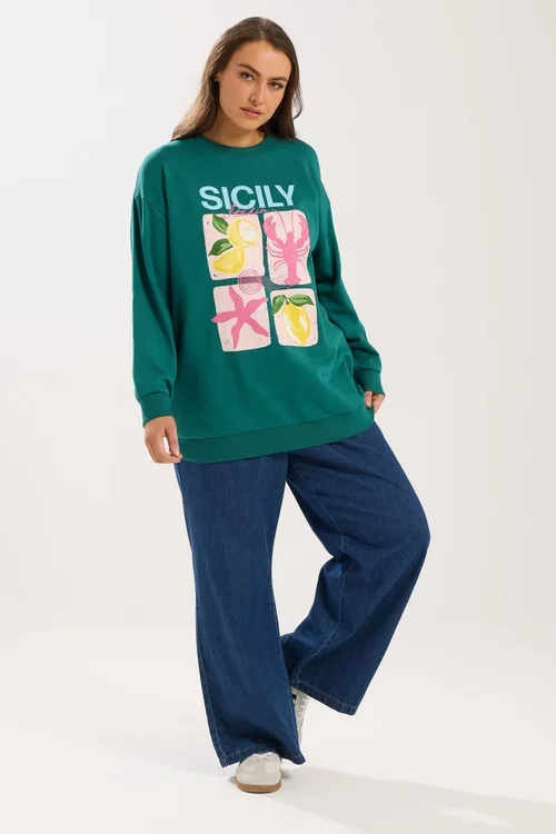 Yours Curve Teal Green 'Sicily' Slogan Sweatshirt - 16 Image 2