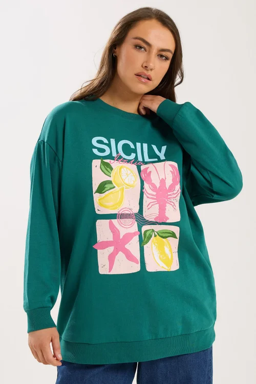 Yours Curve Teal Green 'Sicily' Slogan Sweatshirt - 16 Image 1