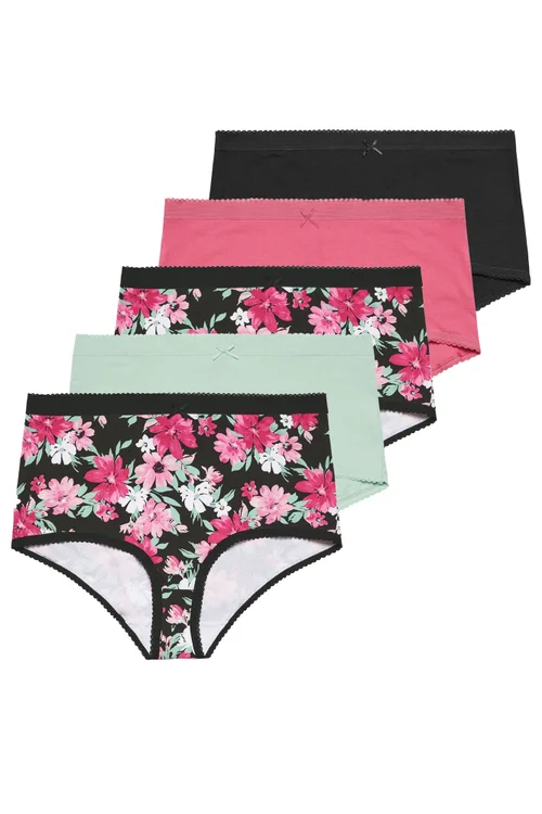 Yours Curve 5 Pack Black Floral Print Full Briefs - 30-32 Image 1