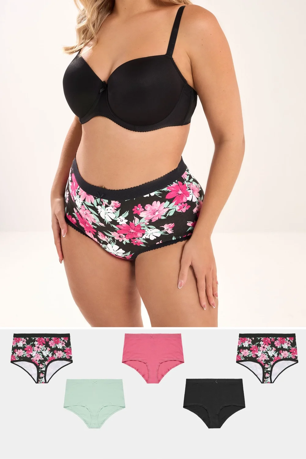 Yours Curve 5 Pack Black Floral Print Full Briefs - 30-32 Image 2