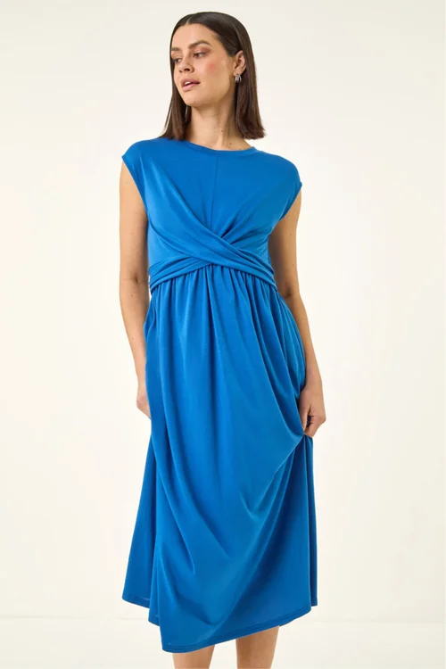 Roman Blue Crossover Front Stretch Midi Dress - 16 Image 2