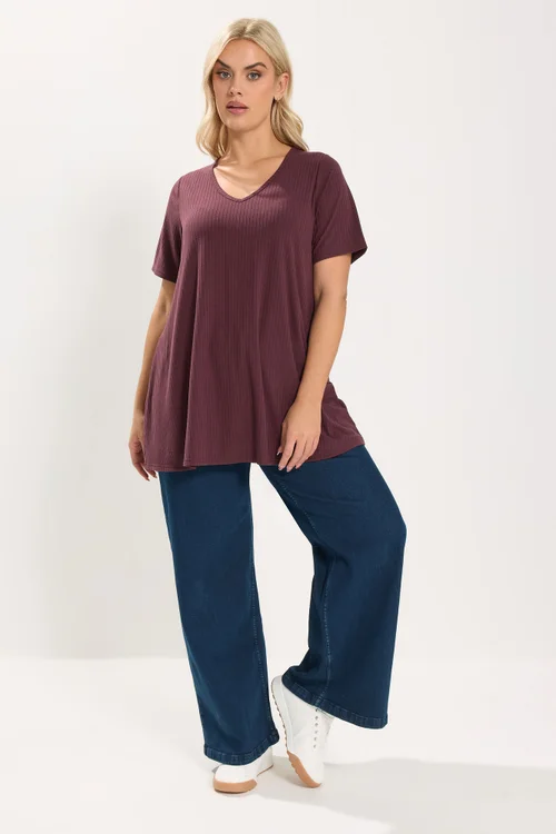Yours Curve Burgundy Red Ribbed Swing Top - 26-28 Image 2