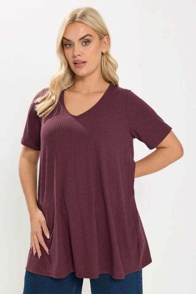 Yours Curve Burgundy Red Ribbed Swing Top
