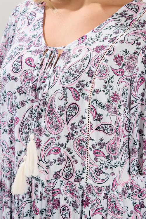 Yours Curve White Paisley Embellished Tie Neck Top - 26-28 Image 4