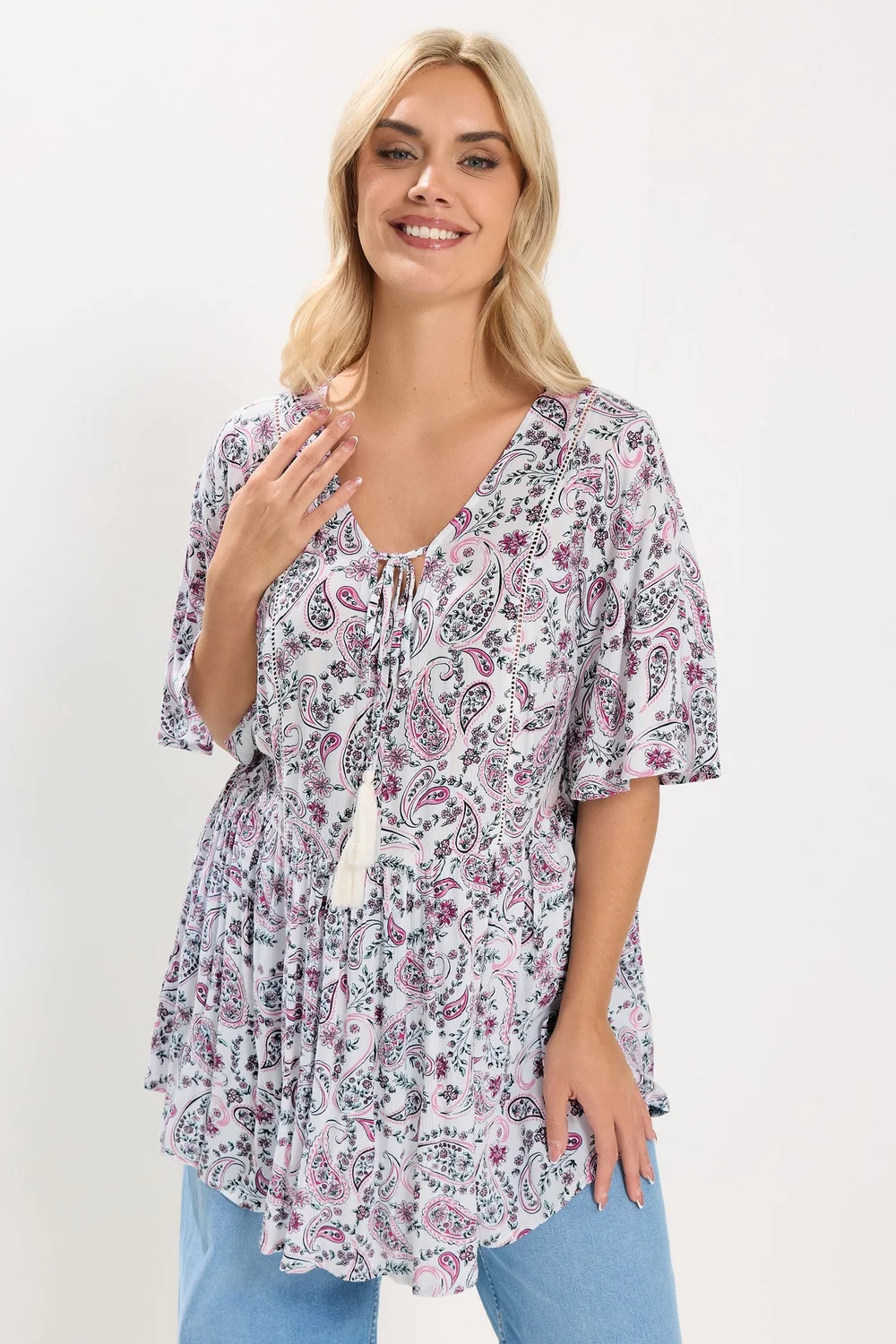 Yours Curve White Paisley Embellished Tie Neck Top - 26-28 Image 1