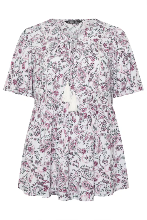 Yours Curve White Paisley Embellished Tie Neck Top - 26-28 Image 5