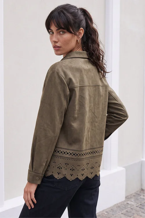Roman Khaki Faux Suede Cut Out Shacket - 18 Image 4