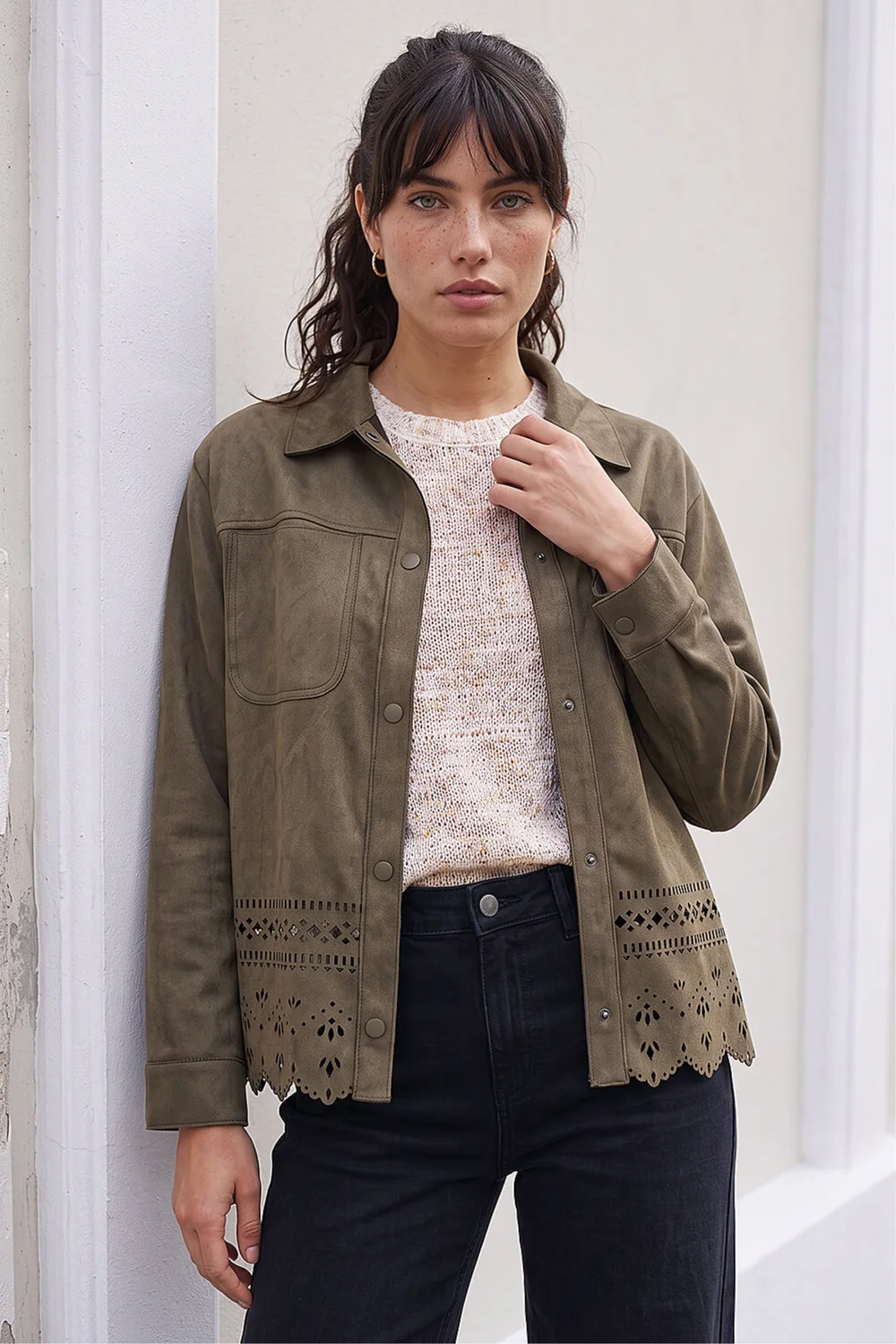 Roman Khaki Faux Suede Cut Out Shacket - 18 Image 1