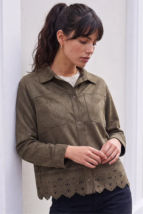 Roman Khaki Faux Suede Cut Out Shacket - 18 Image 3