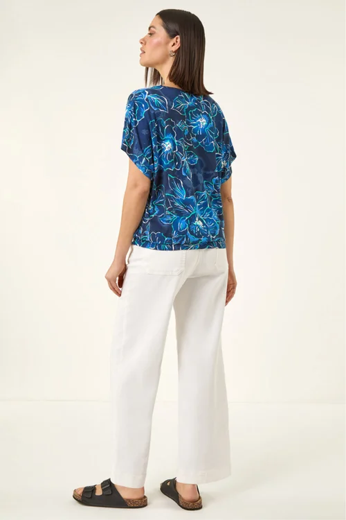 Roman Navy Floral Print V-Neck Stretch Top - 14 Image 4