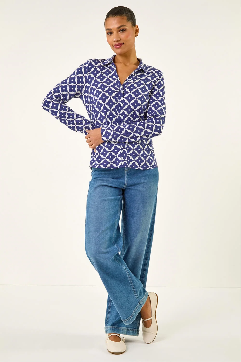 Roman Blue Geo Print Stretch Mock Shirt - 10 Image 2