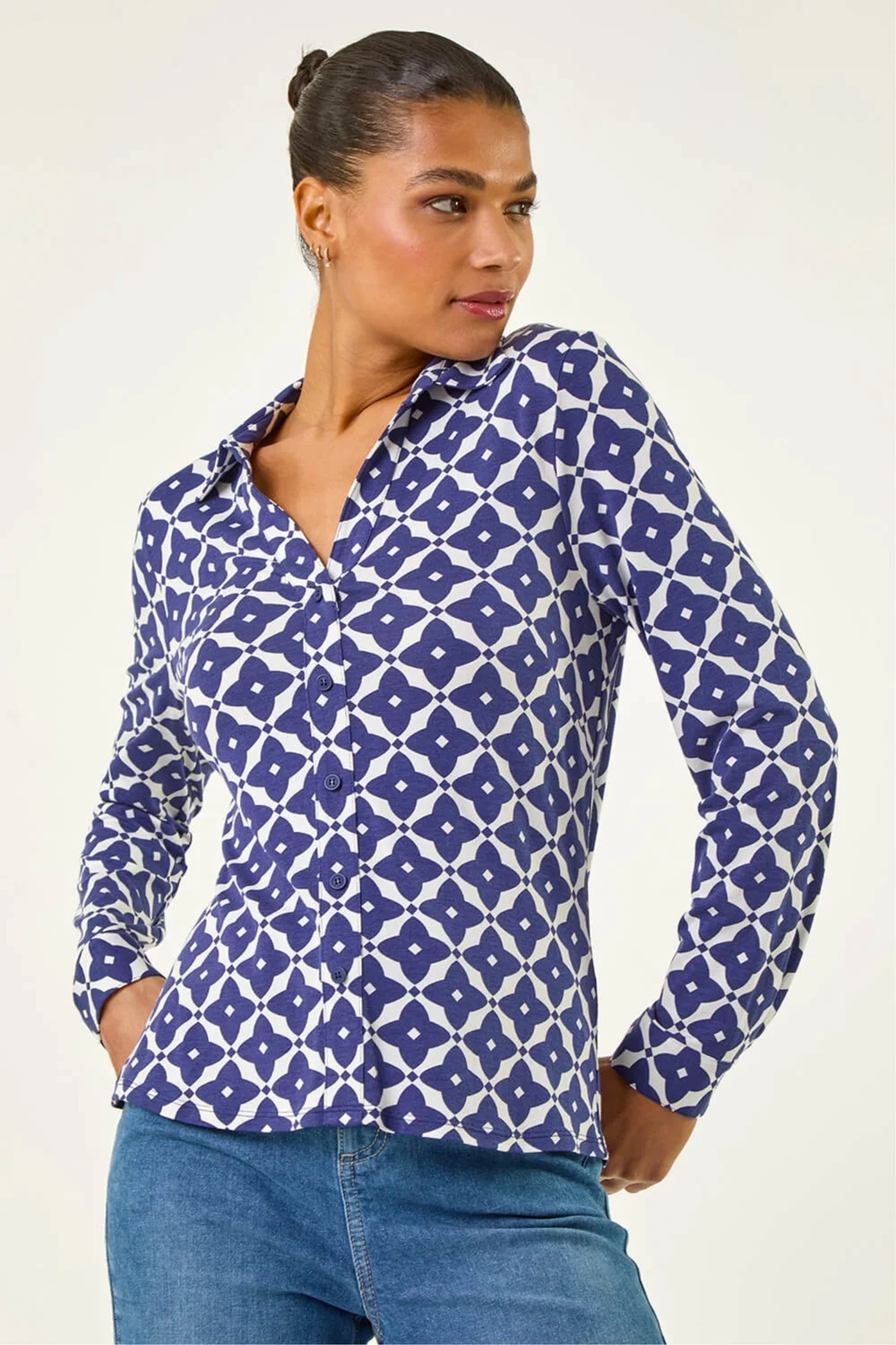 Roman Blue Geo Print Stretch Mock Shirt - 10 Image 4