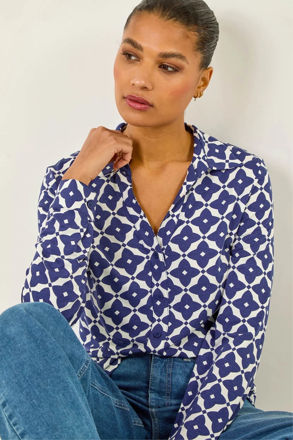 Roman Blue Geo Print Stretch Mock Shirt - 10 Image 1