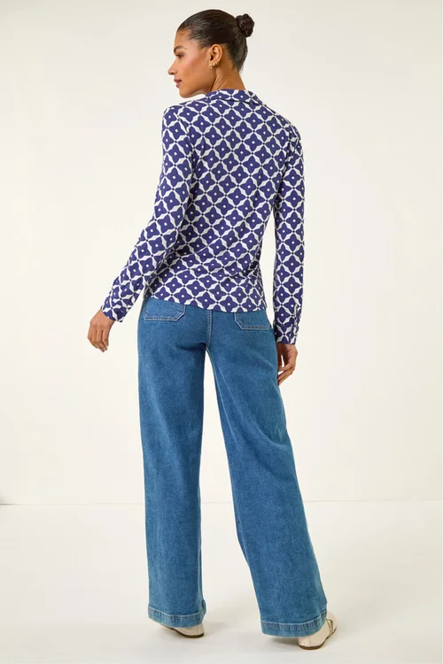 Roman Blue Geo Print Stretch Mock Shirt - 10 Image 3