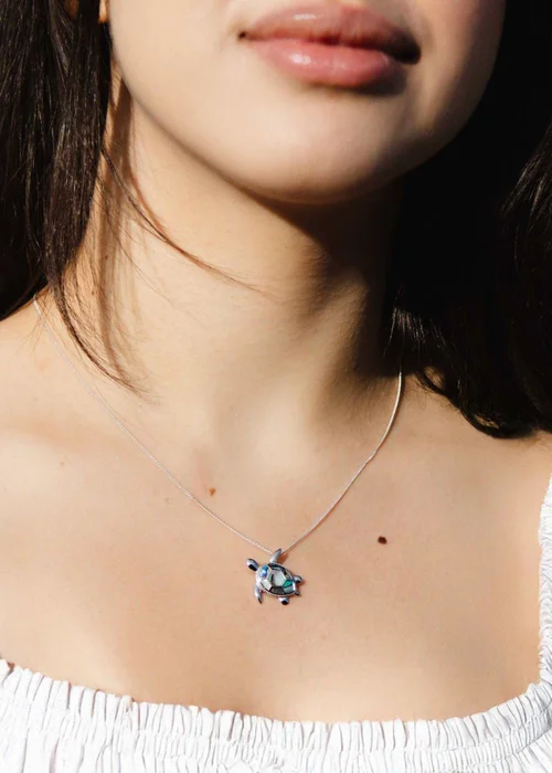 Golden Moments Sterling Silver Rhodium Plated Paua Shell Turtle Pendant on Chain - One Size Image 3