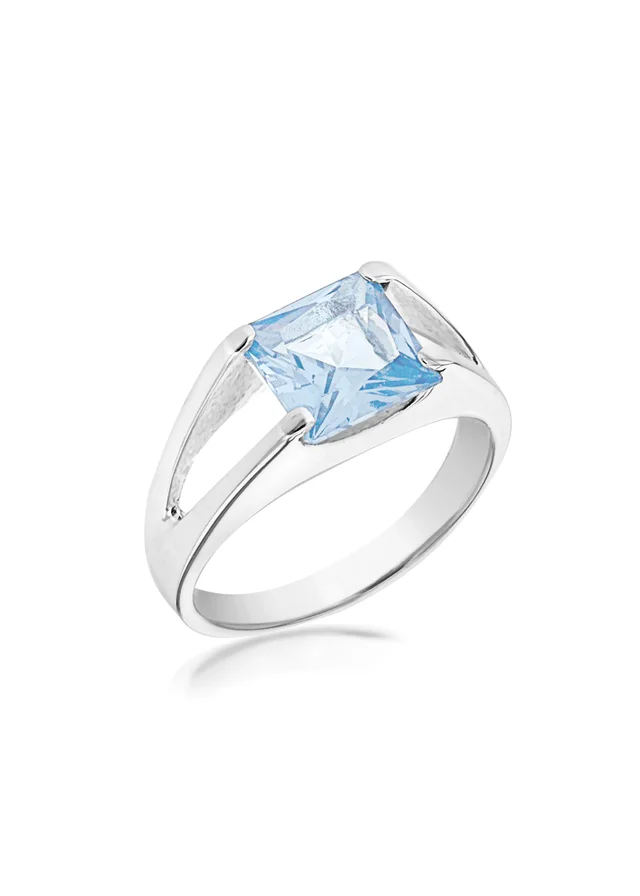 Golden Moments Sterling Silverand Blue Square CZ Split-Shoulder Ring