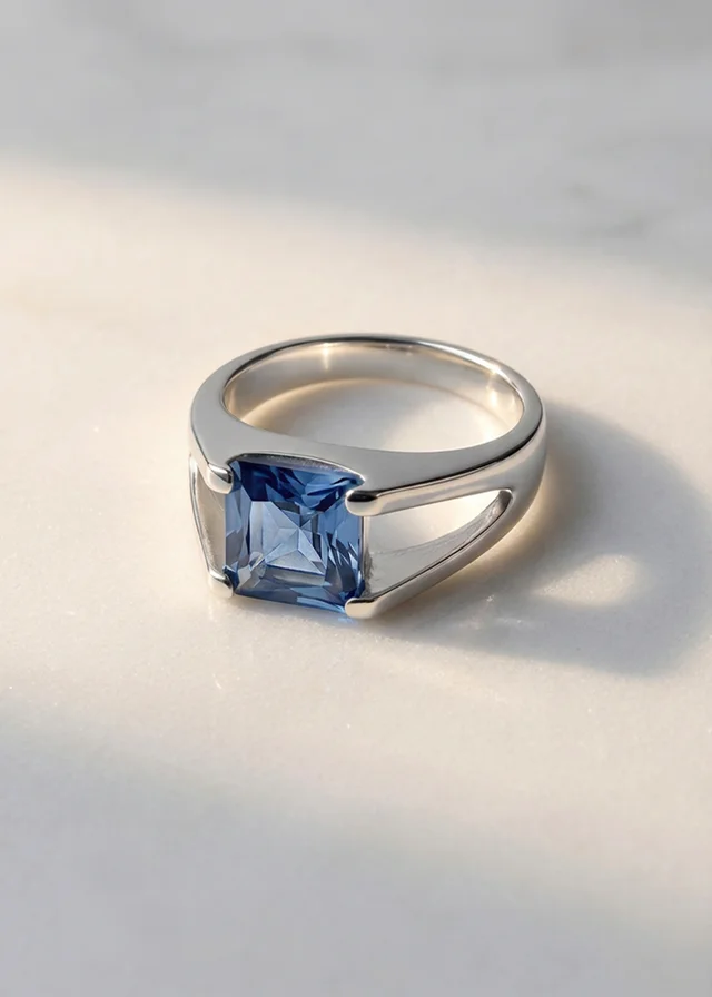 Golden Moments Sterling Silverand Blue Square CZ Split-Shoulder Ring