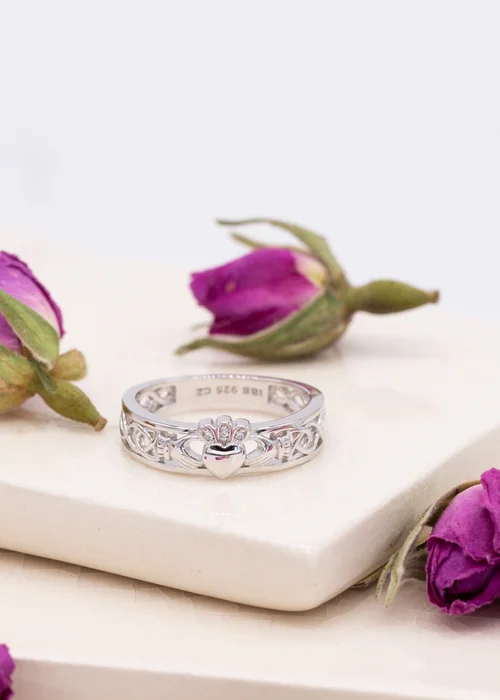 Golden Moments Sterling Silver Rhodium Plated CZ Claddagh Band Ring - L Image 2