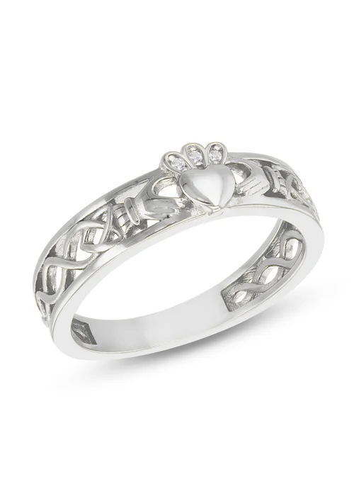 Golden Moments Sterling Silver Rhodium Plated CZ Claddagh Band Ring - L Image 1