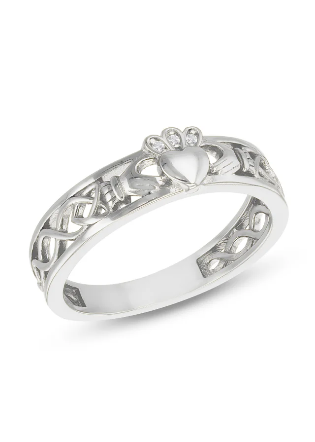 Golden Moments Sterling Silver Rhodium Plated CZ Claddagh Band Ring