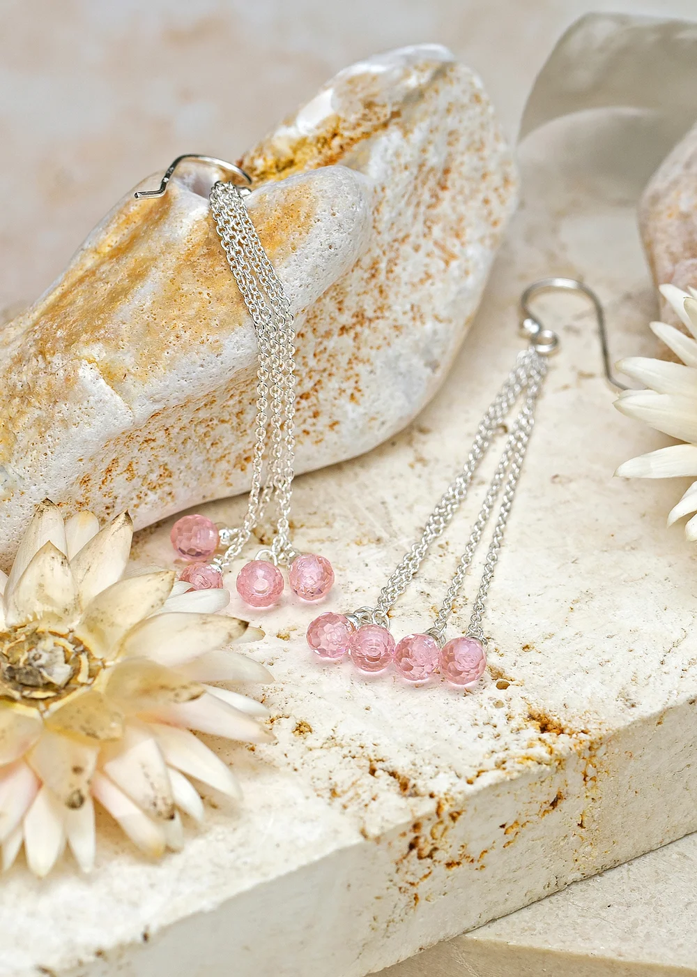 Golden Moments Sterling Silver Pink Crystal Chain Drop Earrings - One Size Image 2