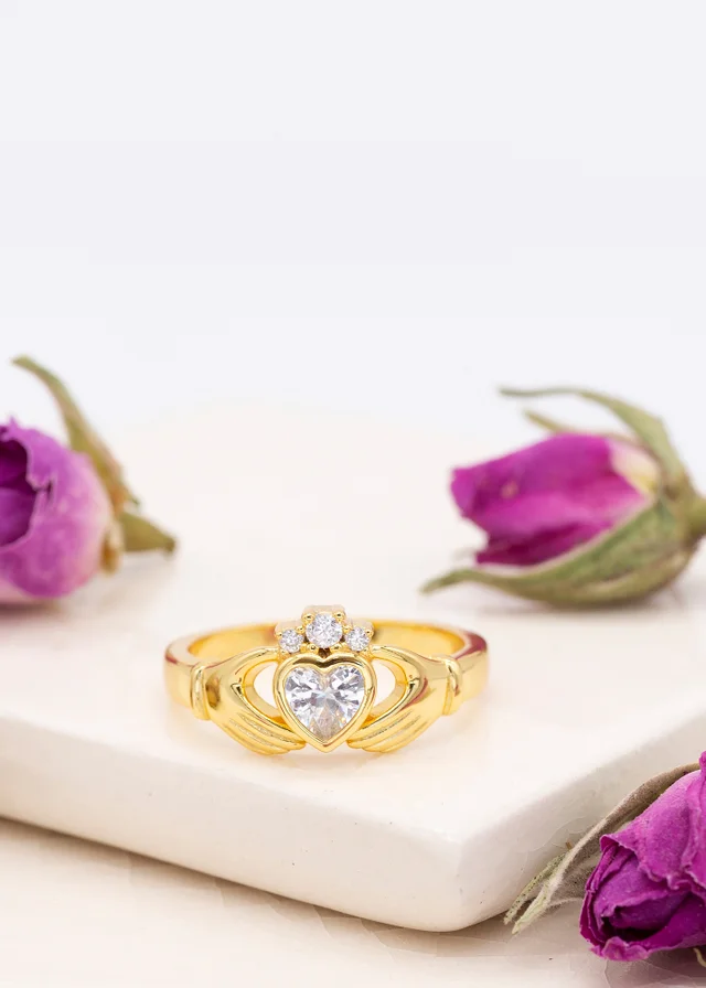 Golden Moments Sterling Silver Gold Plated Heart CZ Claddagh Ring