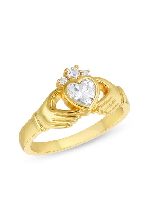 Golden Moments Sterling Silver Gold Plated Heart CZ Claddagh Ring - L Image 1