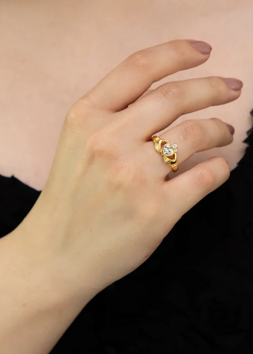 Golden Moments Sterling Silver Gold Plated Heart CZ Claddagh Ring - L Image 3