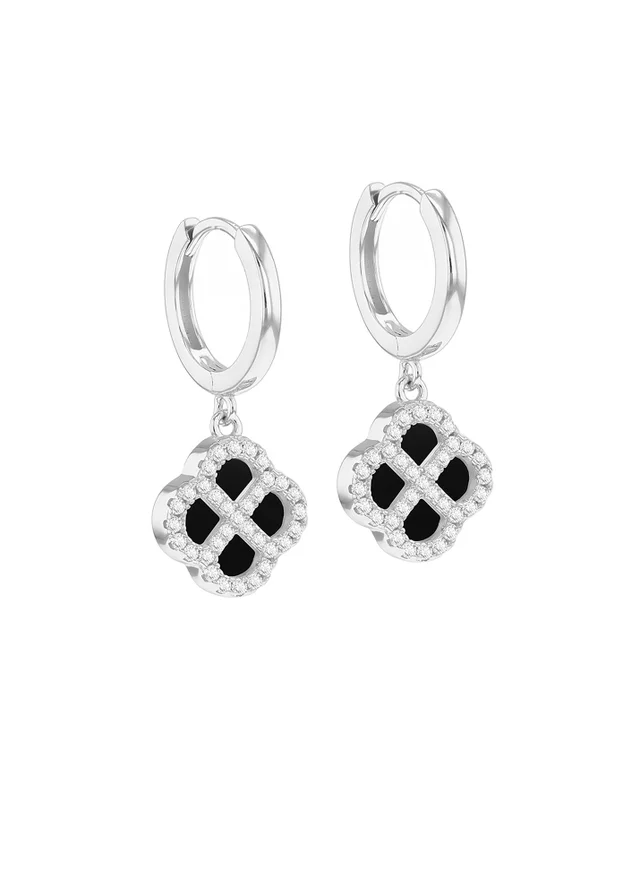 Golden Moments Sterling Silver Rhodium Plated Black Agate Clover and CZ Hoop Earrings
