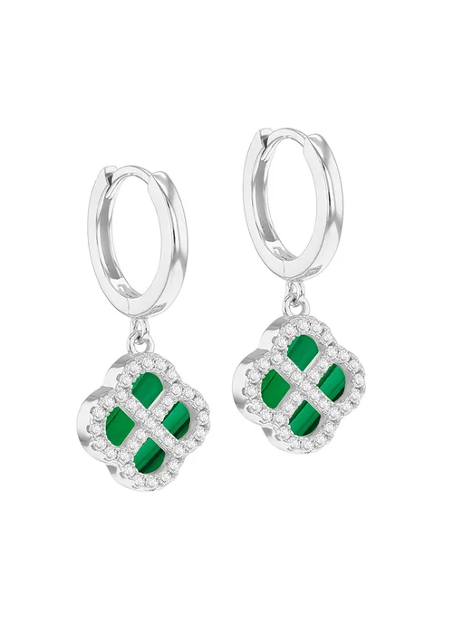 Golden Moments Sterling Silver Rhodium Plated Malachite Clover Hoop and CZ Hoop Earrings - One Size Image 1