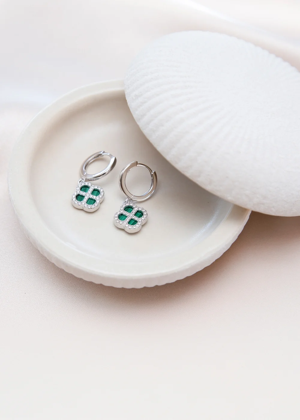 Golden Moments Sterling Silver Rhodium Plated Malachite Clover Hoop and CZ Hoop Earrings - One Size Image 2