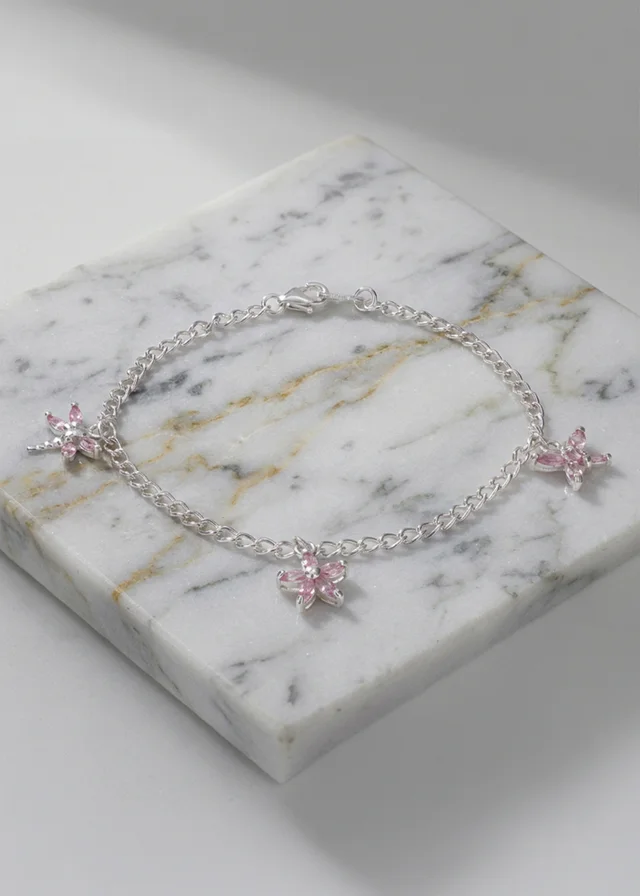 Golden Moments Sterling Silver Three Pink CZ Charm Bracelet