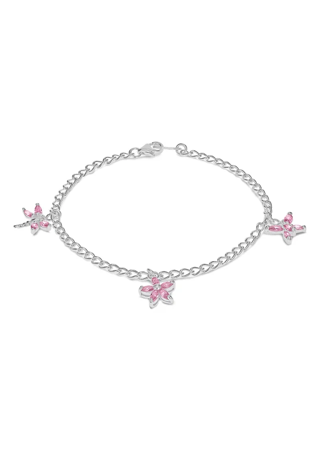 Golden Moments Sterling Silver Three Pink CZ Charm Bracelet