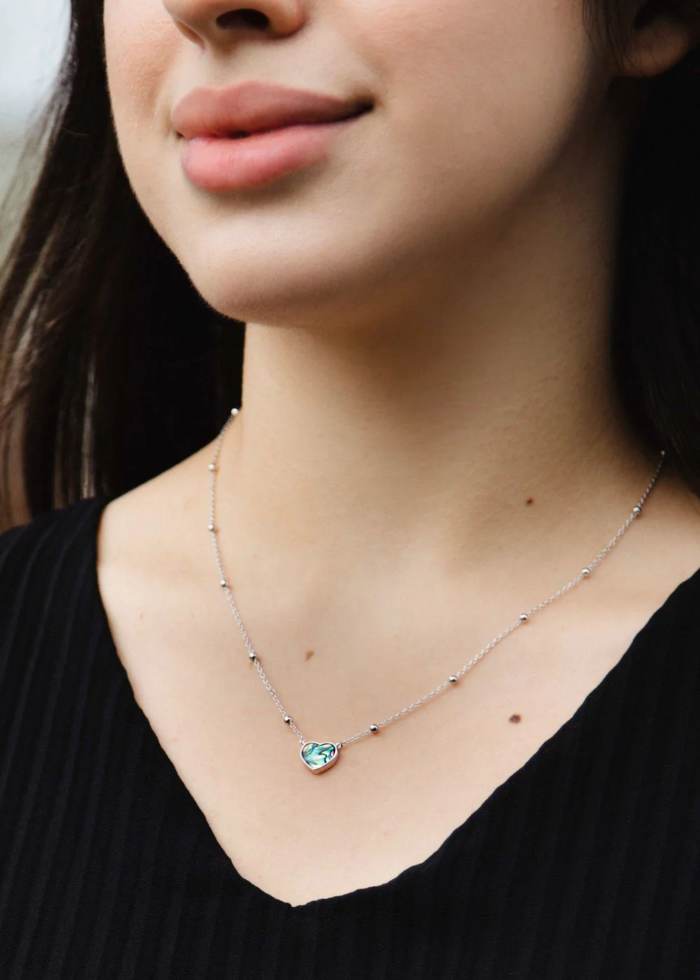 Golden Moments Sterling Silver Rhodium Plated Paua Shell Heart Adjustable Trace and Ball Necklace - One Size Image 2