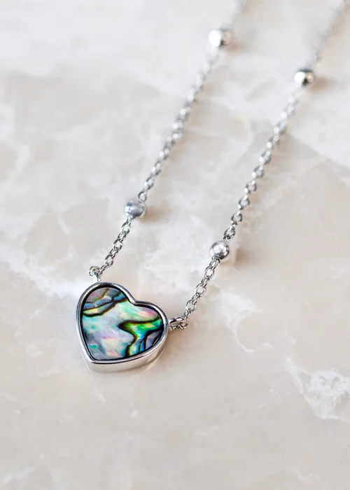 Golden Moments Sterling Silver Rhodium Plated Paua Shell Heart Adjustable Trace and Ball Necklace - One Size Image 3