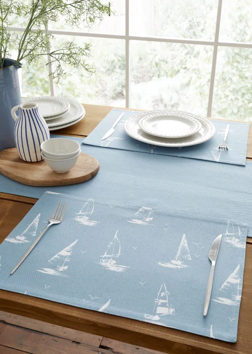Catherine Lansfield Salcombe Boats Cotton Dining Placemat 4 Pack Blue - One Size Image 1