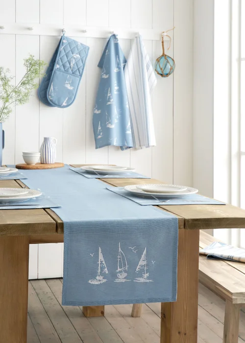 Catherine Lansfield Salcombe Boats Cotton 33x220cm Dining Table Runner Blue - One Size Image 1
