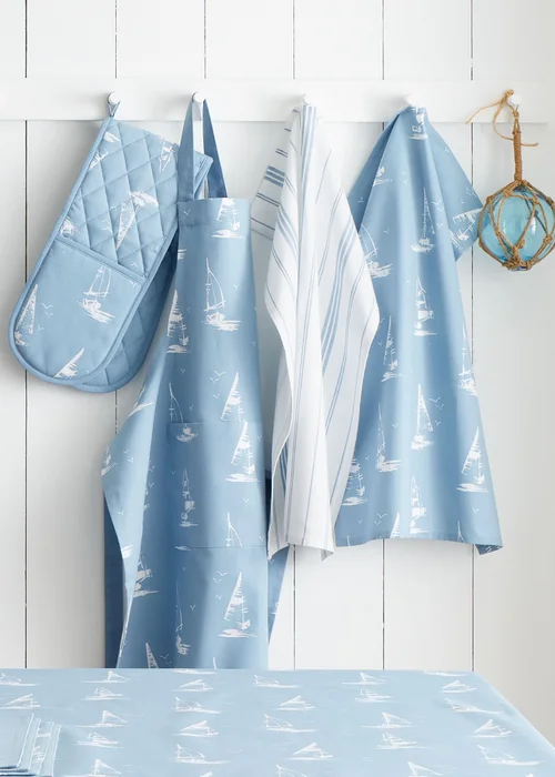 Catherine Lansfield Salcombe Boats Cotton Kitchen Tea Towel Pack of 4 Blue - One Size Image 2