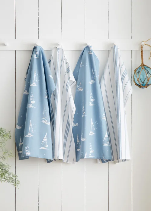 Catherine Lansfield Salcombe Boats Cotton Kitchen Tea Towel Pack of 4 Blue - One Size Image 1