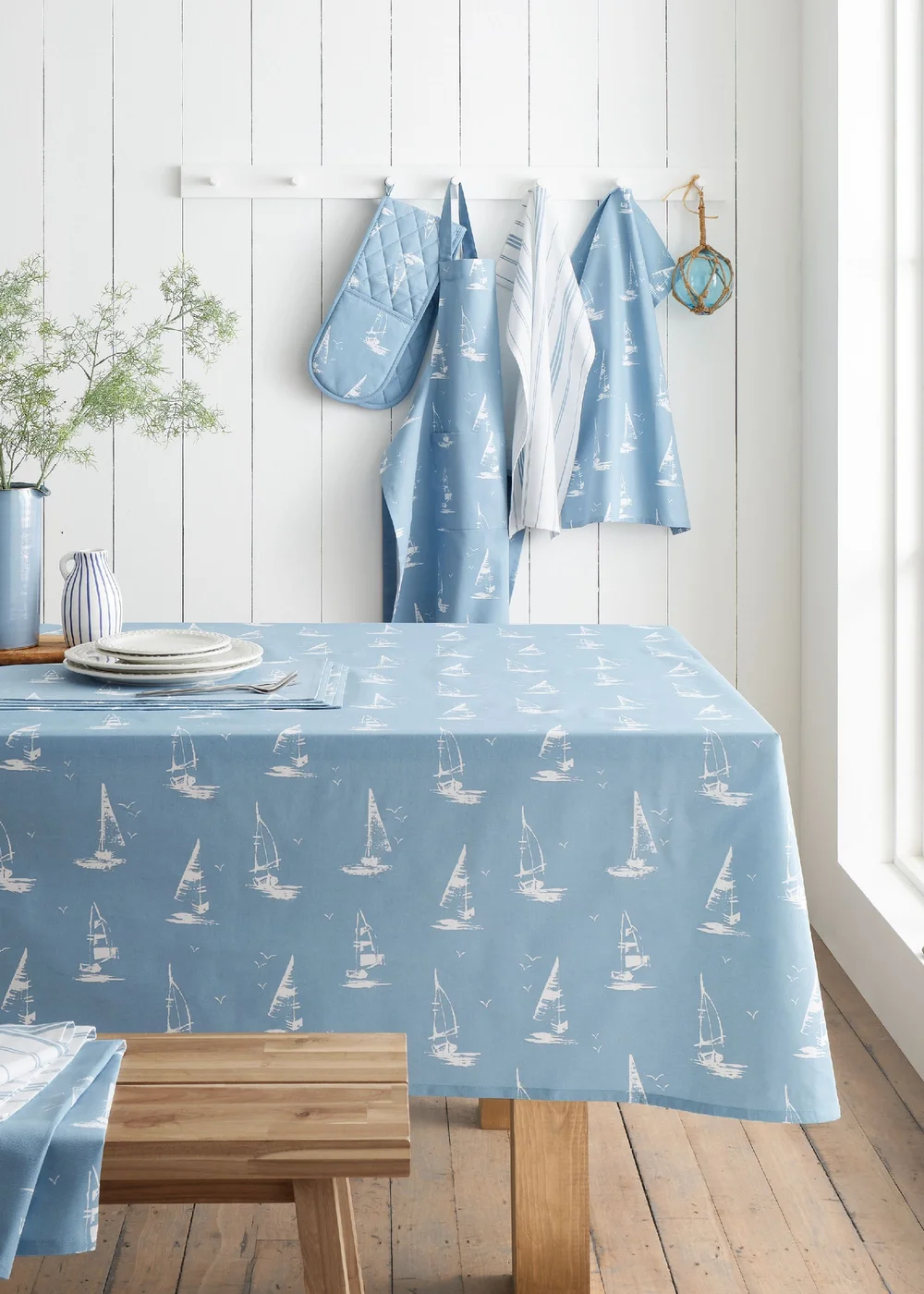 Catherine Lansfield Salcombe Boats Cotton Table Cloth Blue - 137 x 178cm Image 1
