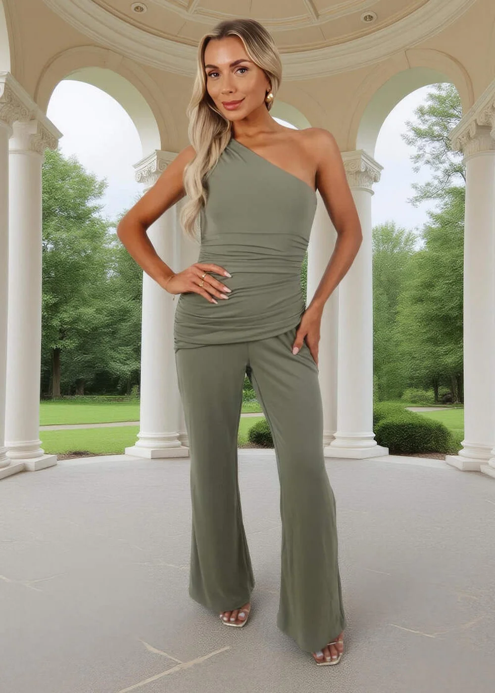 AX Paris Light Khaki One Shoulder Draped Waist Jumpsuit - 16 Image 1